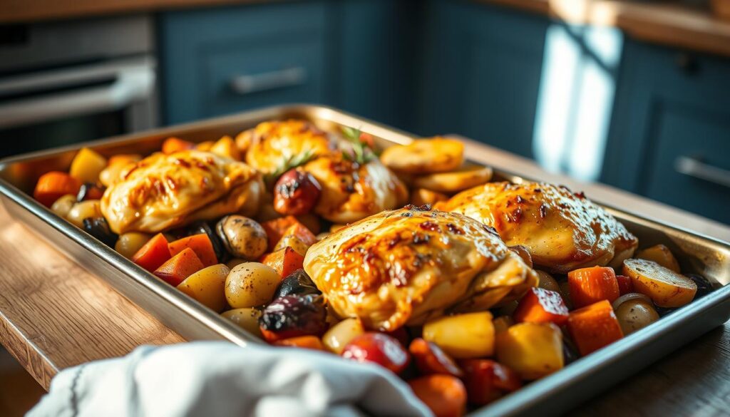 A sheet pan filled with golden-brown chicken thighs, skin crisped to perfection, nestled on a bed of roasted potatoes, carrots, and onions. The kitchen around it is warm and inviting, with soft blue accents and natural wood tones, creating a cozy atmosphere. The light spills in through a window, casting a gentle glow over the scene, highlighting the caramelized edges of the vegetables and the juicy, tender chicken. The composition is simple yet captivating, showcasing the ease and elegance of a sheet pan meal, ready to be enjoyed without a fuss.