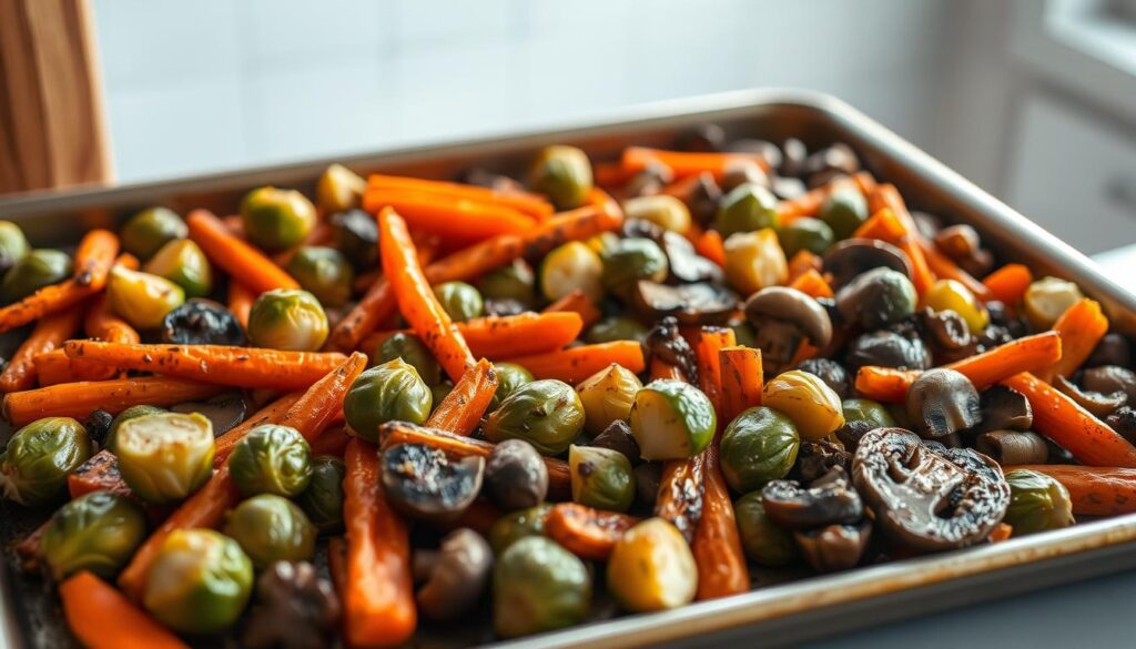 A sheet pan filled with perfectly roasted seasonal vegetables, their caramelized edges glistening under warm, natural lighting. Vibrant carrots, tender Brussels sprouts, and earthy mushrooms mingle on the pan, their rich colors and textures creating a visually appealing composition. The scene is set in a cozy, minimalist kitchen, with wooden accents and light blue tones, inviting the viewer to imagine the delicious aroma and satisfying crunch of these expertly prepared roasted veggies.