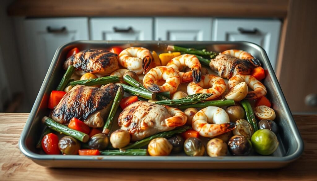 A sheet pan filled with perfectly seared chicken thighs and jumbo shrimp, arranged in a visually appealing composition. The proteins are accompanied by a medley of roasted vegetables, including vibrant bell peppers, tender asparagus, and crisp brussels sprouts. The sheet pan is set against a backdrop of a cozy, minimal kitchen with warm wooden textures and light blue accents, creating a soothing atmosphere. The scene is bathed in soft, natural lighting, highlighting the dish's enticing colors and textures. The overall mood is one of simplicity, balance, and culinary inspiration, perfectly capturing the essence of a healthy, satisfying sheet pan dinner.