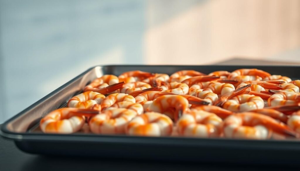 A sheet pan filled with plump, juicy shrimp arranged in a visually appealing pattern, sizzling under the warm glow of a modern, minimalist kitchen. The shrimp's succulent, pink-orange hues are highlighted by the soft, even lighting, casting gentle shadows and reflecting off the pan's polished surface. The background features a clean, light blue wall with subtle wood grain textures, creating a calming, inviting atmosphere. The entire scene conveys a sense of freshness, simplicity, and culinary expertise, perfectly complementing the 