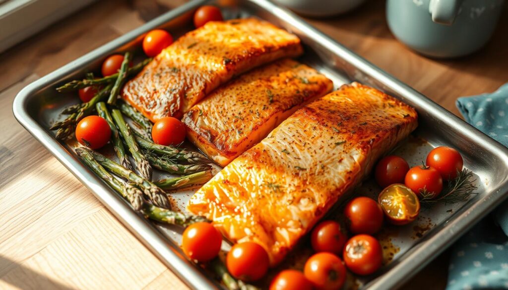 A sheet pan filled with succulent salmon fillets, their skin seared to a golden crisp. The fish is surrounded by vibrant, roasted vegetables - tender asparagus spears, sweet cherry tomatoes, and fragrant sprigs of dill. The scene is bathed in warm, natural lighting, casting a soft glow on the wooden textures of the kitchen. Minimal, light blue accents complement the earthy tones, creating a cozy, inviting atmosphere.