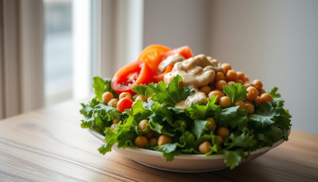 A simple, artfully presented arrangement of balanced meal components on a wooden surface, softly illuminated by natural light filtering through a nearby window. An assortment of colorful, fresh ingredients - crisp greens, juicy tomatoes, protein-rich chickpeas, and a drizzle of flavorful dressing - all thoughtfully selected to provide nutritious sustenance. The composition exudes a sense of harmony, inviting the viewer to savor the nourishing and delightful flavors of a well-crafted, wholesome lunch.