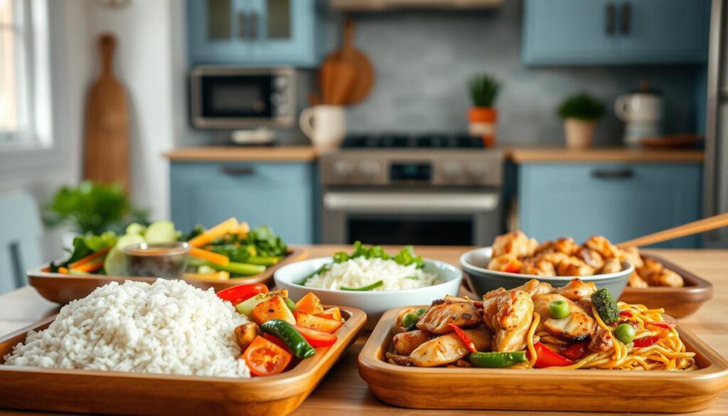 A simple, budget-friendly Asian meal prep featuring a variety of vibrant, flavorful dishes neatly arranged on wooden trays against a backdrop of a cozy, minimal kitchen with light blue accents. Steaming rice, sautéed vegetables, grilled chicken, and savory stir-fried noodles create a visually appealing and appetizing scene, emanating the warmth and aromas of a homemade Asian-inspired dinner. The composition emphasizes the ease and accessibility of creating delicious, wholesome meals without breaking the bank.