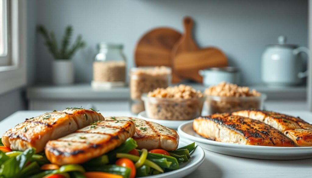 A simple, elegantly arranged spread of lean protein dishes in a cozy, minimalist kitchen. In the foreground, tender grilled chicken breasts and pan-seared salmon fillets, seasoned with fragrant herbs and spices, sit atop a bed of steamed vegetables. The middle ground features a selection of whole grains, such as quinoa and brown rice, neatly portioned in glass containers. The background showcases a clean, light blue-accented space with wooden textures, creating a calming, wellness-focused atmosphere. Soft, natural lighting illuminates the scene, emphasizing the freshness and nutritional value of this wholesome, high-protein meal prep.