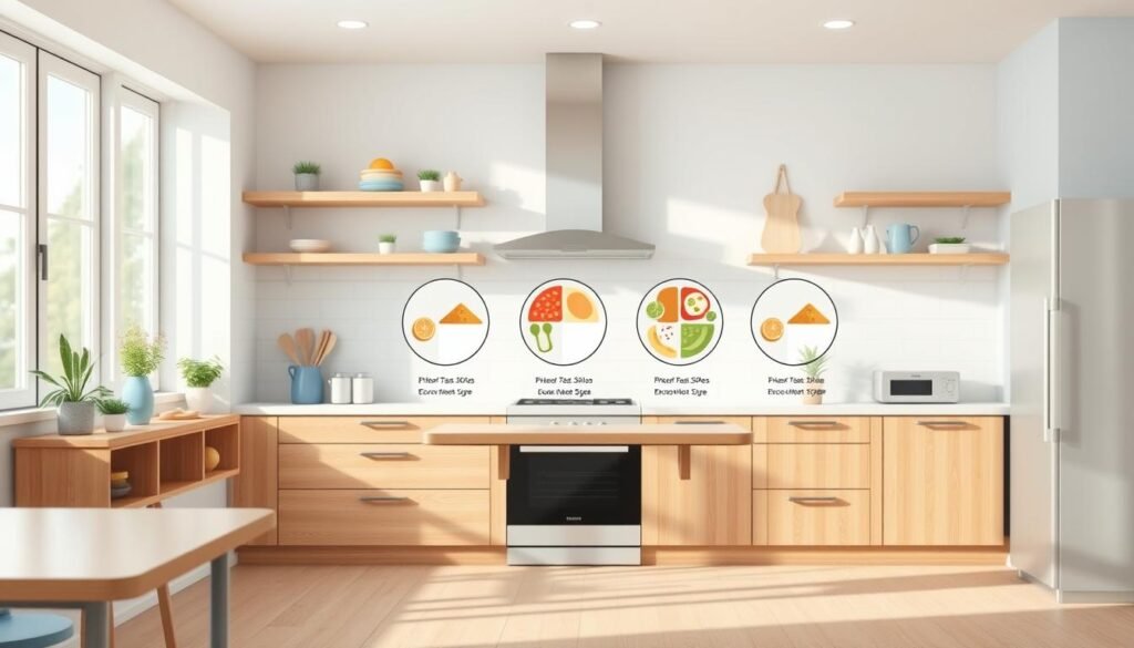A simple, minimalist illustration of a portion control guide, set in a cozy, light-filled kitchen with clean wooden textures and soft blue accents. The guide is presented as a series of circular diagrams depicting recommended serving sizes for common meal components, arranged in a neat, organized layout against a serene, clutter-free backdrop. The lighting is natural and diffused, creating a calm, inviting atmosphere to showcase the practical guidance for mastering portion control in office meal prep.