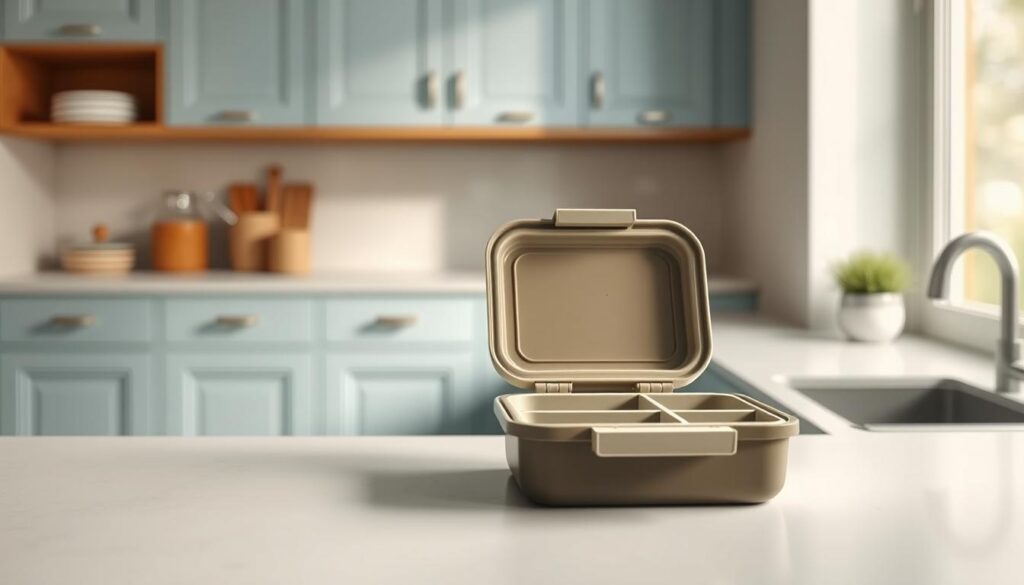 A simple, minimalist kitchen with pale blue cabinetry and warm wooden accents. On the countertop, a dishwasher-safe lunch container sits pristinely, its lid open to reveal the organized compartments within. Soft, natural light filters in through a window, illuminating the container's clean, durable surface. The scene exudes a sense of effortless organization and care, inviting the viewer to envision properly maintaining their own reusable lunchbox for long-term use.