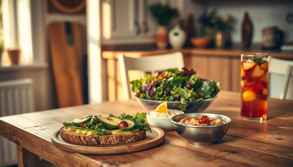 A simple, rustic table in a cozy kitchen, bathed in warm, natural light. On the tabletop, a selection of budget-friendly lunch items: an avocado toast with a drizzle of olive oil, a vibrant salad with fresh greens and vegetables, a homemade hummus with pita chips, and a refreshing fruit infused water. The scene exudes a sense of mindfulness and affordability, inviting the viewer to imagine crafting their own nourishing, cost-conscious midday meals.