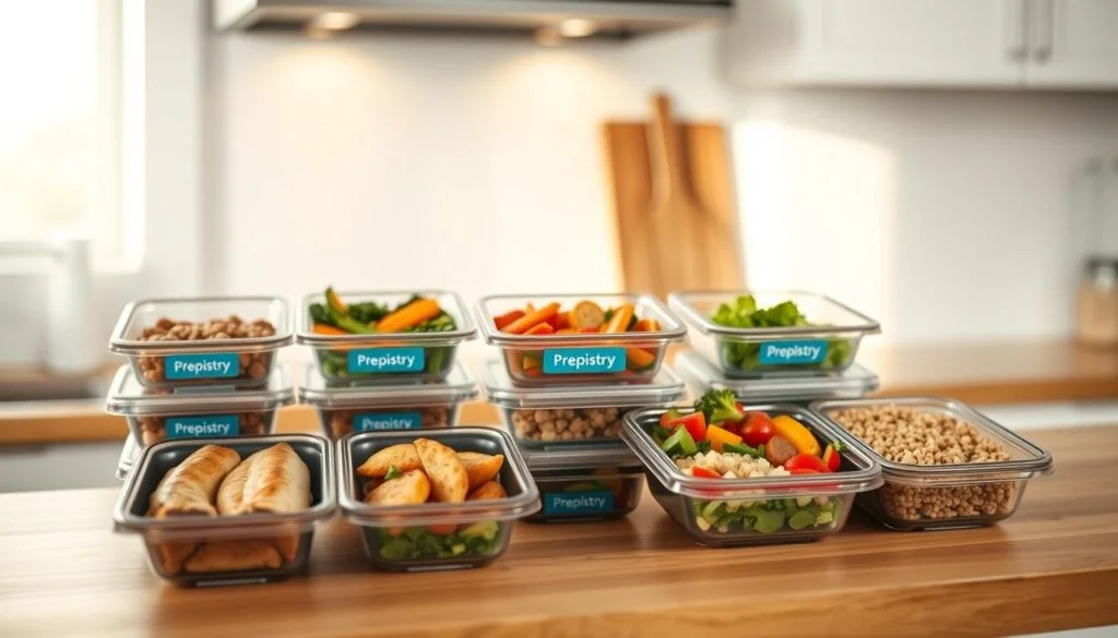 A simple, well-organized kitchen countertop, with neatly arranged meal prep containers labeled "Prepistry" in a subtle blue hue. The containers display various portion-controlled high-protein lunch items, such as grilled chicken, roasted vegetables, and a quinoa salad. Soft, diffused lighting from above casts a warm glow, highlighting the natural wood tones and creating a calm, inviting atmosphere. The scene conveys a sense of efficiency and healthy meal planning, perfect for illustrating "Expert Tips for high protein lunch meal prep".