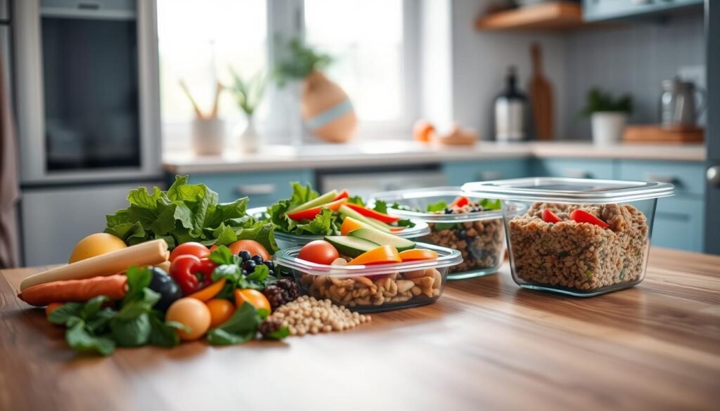 A simple, yet appetizing budget meal prep spread on a wooden kitchen table. In the foreground, various healthy ingredients like fresh vegetables, grains, and lean proteins are arranged neatly. The mid-ground showcases two meal prep containers, one with a salad and the other with a grain bowl. The background features a cozy, minimal kitchen with light blue accents, natural wood textures, and soft, diffused lighting from a window. The overall scene conveys a sense of balance, efficiency, and mindful preparation for nutritious, cost-effective cold lunches.