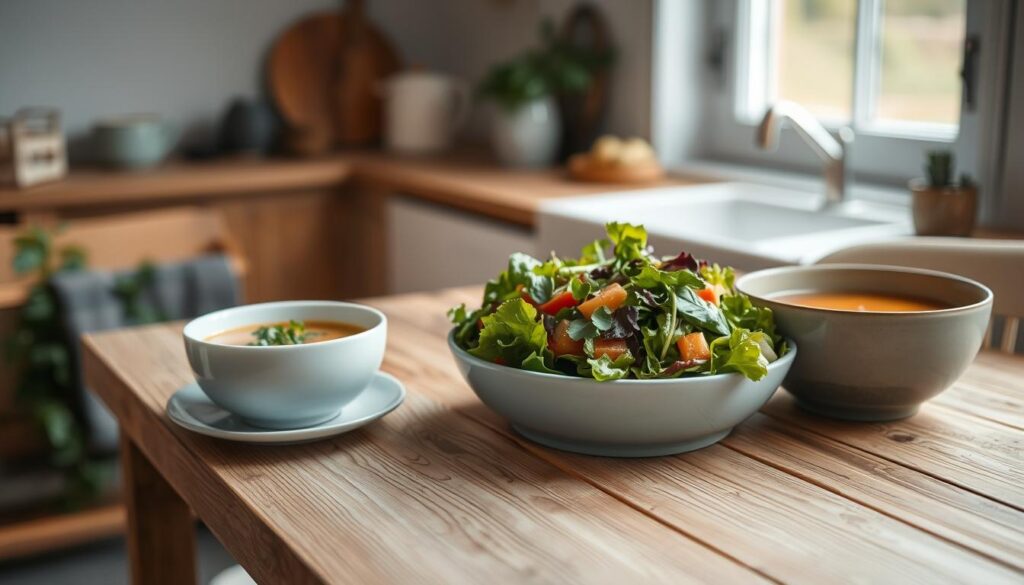 A simple yet creative salad and soup lunch, beautifully presented on a wooden table in a cozy, minimal kitchen. Fresh greens, vibrant vegetables, and a hearty soup, all arranged with care and attention to detail. The light blue accents complement the natural wood tones, creating a calming, eco-friendly atmosphere. The focus is on the food, with no distracting elements, allowing the viewer to fully appreciate the thoughtful, waste-reducing meal.