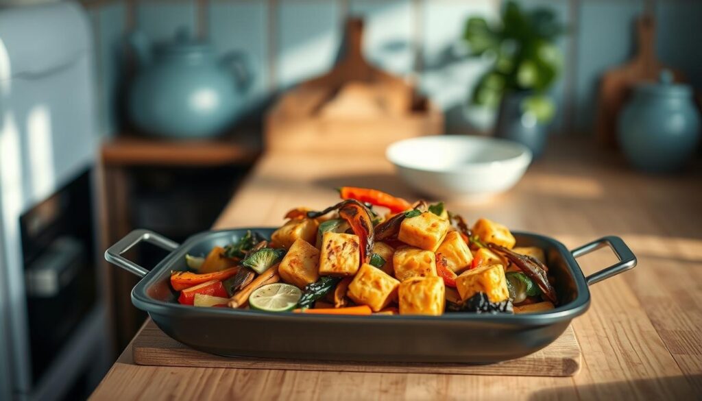 A simple yet delectable one-pan dinner, showcasing an arrangement of roasted vegetables, crispy tofu, and a mouthwatering Asian-inspired marinade. The scene is set in a cozy, minimal kitchen, with warm wooden textures and light blue accents, creating a serene and inviting atmosphere. The composition features the dish prominently in the foreground, captured from a slightly elevated angle, highlighting the vibrant colors and textures of the ingredients. Soft, natural lighting illuminates the scene, casting gentle shadows and creating a calming, atmospheric mood. The background remains uncluttered, allowing the dish to take center stage and inspire the viewer's culinary imagination.