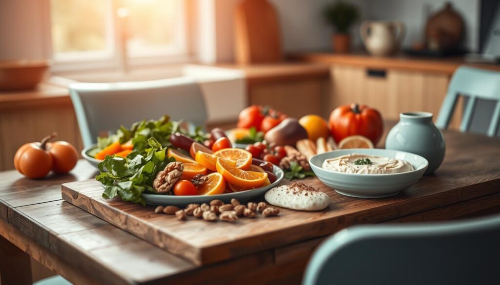 A simple yet delightful no-cook meal spread on a wooden table in a cozy, minimal kitchen. Vibrant vegetables, creamy hummus, crunchy nuts, and zesty citrus slices arranged in an inviting manner, showcasing the ease and versatility of this quick, nutritious option. Soft, diffused lighting casts a warm glow, highlighting the natural textures and colors. The scene exudes a sense of calm and effortlessness, perfect for a busy day when a nourishing, no-fuss meal is desired. Light blue accents complement the earthy tones, creating a serene, balanced atmosphere.