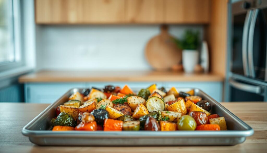 A simple yet elegant sheet pan filled with a variety of roasted vegetables, seasoned with a delightful blend of herbs and spices. The pan is set against a backdrop of a cozy, minimal kitchen, featuring warm wooden textures and light blue accents. The vegetables, arranged in a visually appealing manner, are bathed in a soft, natural lighting, creating a serene and inviting atmosphere. The overall scene exudes a sense of effortless preparation, showcasing how a sheet pan dinner can be achieved with minimal supervision in the kitchen.