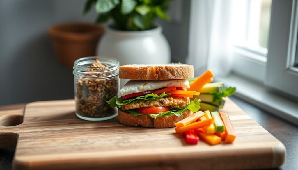 A simple, yet nourishing spread of budget-friendly cold lunch options arranged on a wooden cutting board. A freshly made sandwich with whole-grain bread, lean protein, and crisp veggies takes center stage, flanked by a small glass jar of lentil salad and a handful of raw, colorful veggie sticks. The scene is bathed in soft, natural light filtering through a nearby window, casting a warm, comforting glow on the scene. The overall atmosphere is one of mindful, efficient meal preparation, highlighting the delicious and cost-effective possibilities of a well-planned, nutritious cold lunch.
