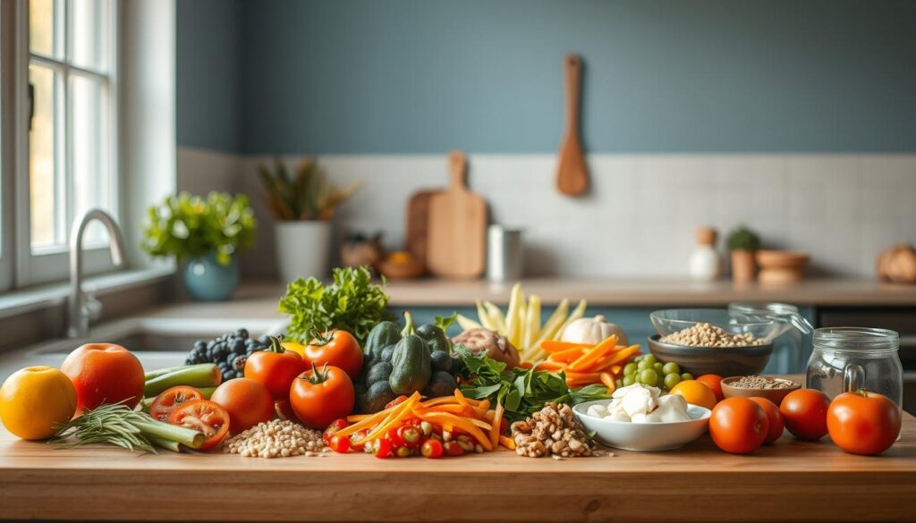 A simple, yet tempting array of quick, nutritious recipes presented on a clean, minimalist wooden countertop. The foreground features an assortment of fresh, seasonal ingredients - vibrant vegetables, lean proteins, and whole grains. Soft, natural lighting from a large window casts a warm, inviting glow, highlighting the textures and colors. In the middle ground, a few simple kitchen tools and utensils suggest the ease of preparation. The background maintains a sense of calm, with muted blue accents complementing the natural wood tones. An atmosphere of effortless, healthy living pervades the scene, perfectly capturing the "Quick Listicle Recipes for Every Day" theme.