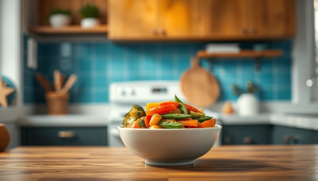 A simple, yet vibrant veggie stir fry bowl sits atop a wooden table in a cozy kitchen. An assortment of fresh, colorful vegetables, including broccoli, carrots, bell peppers, and snow peas, are neatly arranged in the bowl, lightly coated in a savory sauce. The warm, inviting lighting casts a soft glow, highlighting the dish's natural textures and hues. Subtle blue accents in the kitchen's decor complement the earthy tones of the meal. The scene conveys a sense of effortless, healthy nourishment, perfectly suited for a quick and easy lunch.
