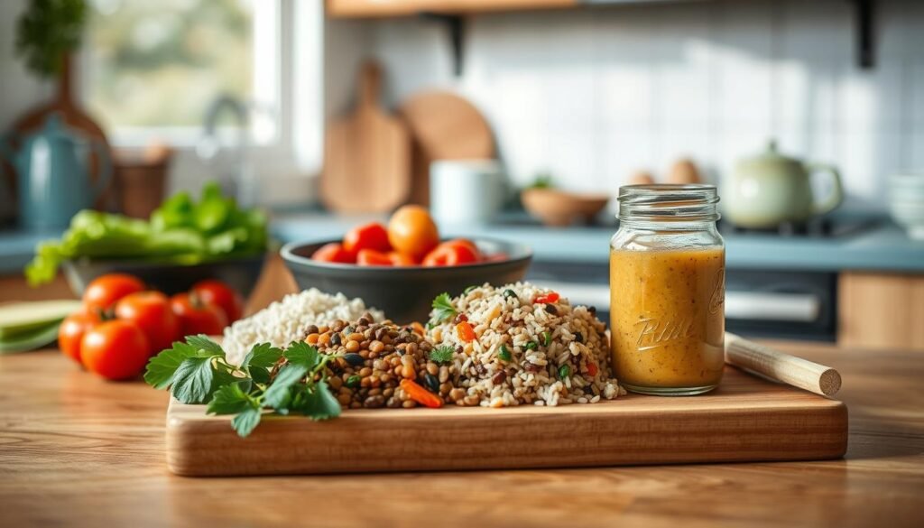 A simple yet wholesome meal prep setup fills a minimal kitchen with wooden textures and light blue accents. A variety of budget-friendly ingredients, including rice, lentils, and fresh vegetables, are neatly arranged on a wooden cutting board. The scene is bathed in soft, natural lighting, conveying a sense of calm and efficiency. A single glass jar of homemade vinaigrette completes the image, suggesting a practical and cost-effective approach to meal preparation.