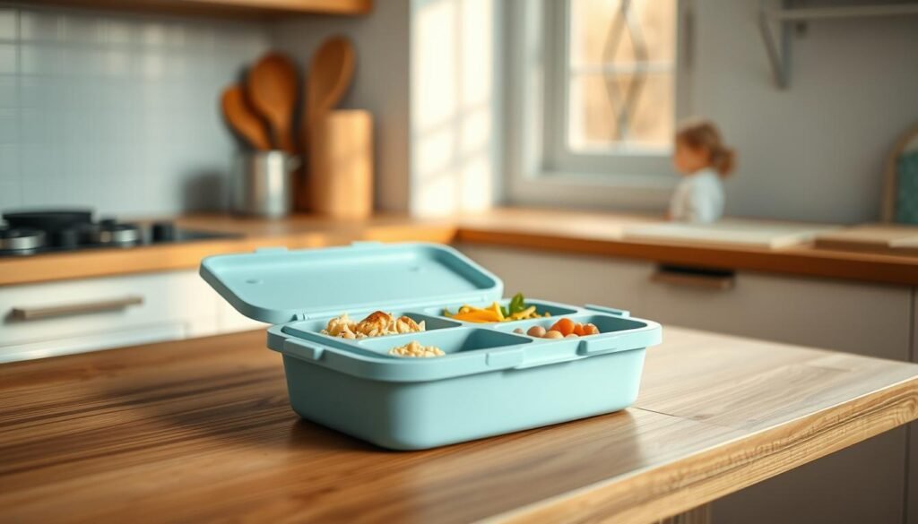 A sleek, adjustable bento lunch box made of durable, food-grade silicone in a soft blue hue sits atop a wooden kitchen surface. The box features multiple compartments that can be customized to hold a variety of delicious, nutritious meal components. Soft natural lighting from a nearby window casts a warm glow, highlighting the box's clean, modern design. The minimalist, cozy kitchen setting, with its wooden textures and light blue accents, creates a calming atmosphere that complements the featured product.