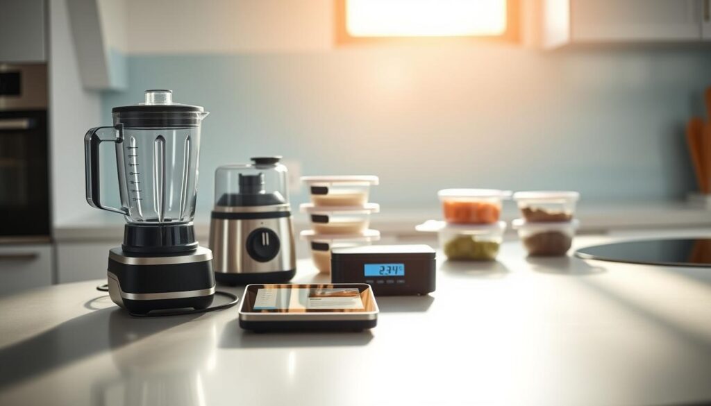 A sleek and modern kitchen countertop displaying an array of meal prep tools and appliances. In the foreground, a high-quality blender, a compact food processor, and a digital kitchen scale sit neatly arranged. In the middle ground, a set of precisely measured containers and a tablet displaying a recipe app. The background features a minimalist backsplash with light blue accents, casting a warm, natural glow over the scene. The overall atmosphere conveys efficiency, organization, and a thoughtful approach to mealtime preparation.