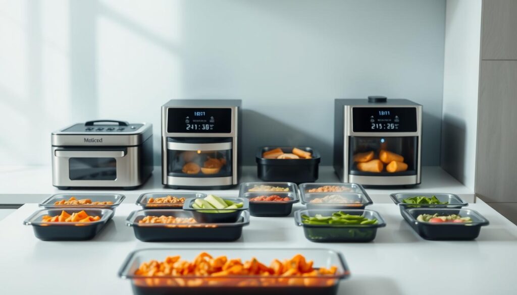 A sleek and modern kitchen countertop, with a row of advanced reheating appliances neatly arranged. The appliances feature minimalist designs in brushed steel and matte black, their digital displays flashing cooking times and temperature settings. The soft, even lighting from above emphasizes the clean lines and technical precision of the setup. In the middle ground, an array of neatly organized meal prep containers, their contents steaming with freshly reheated dishes. The background is a calming, light blue-tinted wall, with subtle hints of natural wood grain textures adding warmth to the scene. The overall atmosphere conveys efficiency, technology, and the promise of perfectly reheated, flavor-rich meals.