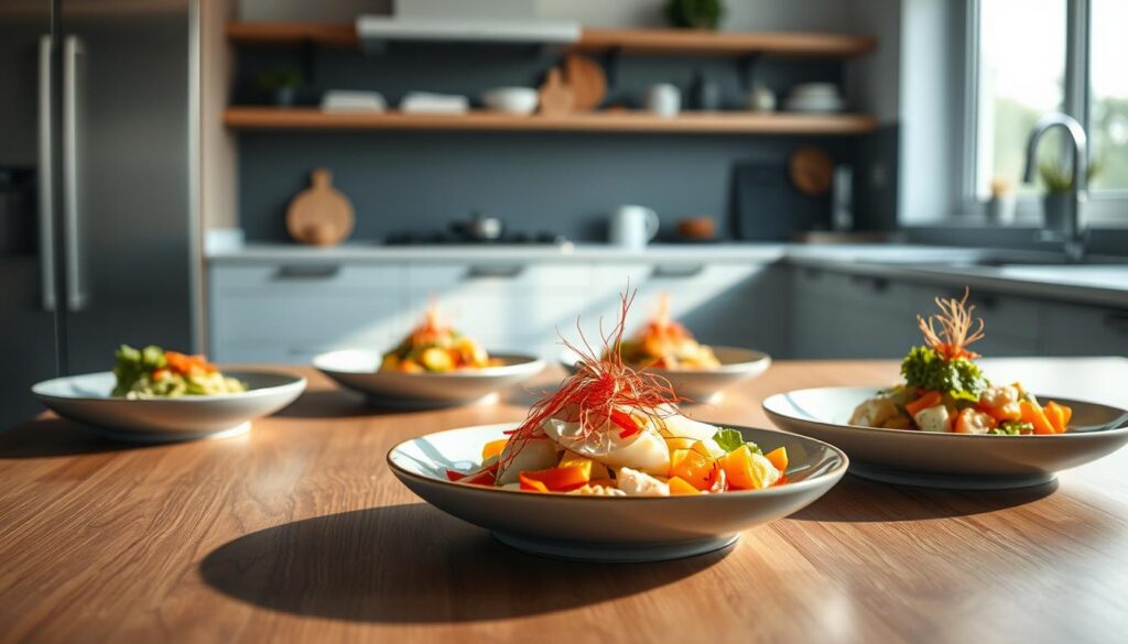 A sleek and modern kitchen scene showcases artfully plated Asian-inspired dishes. Delicate garnishes, vibrant colors, and thoughtful composition create visually striking presentations. Natural light filters in, casting a warm glow over the minimalist wooden table and accents of light blue. The focus is on the dishes themselves, elevated to culinary works of art through careful plating techniques. Crisp, clean lines and a serene atmosphere invite the viewer to appreciate the beauty and bold flavors of these cold lunch creations.