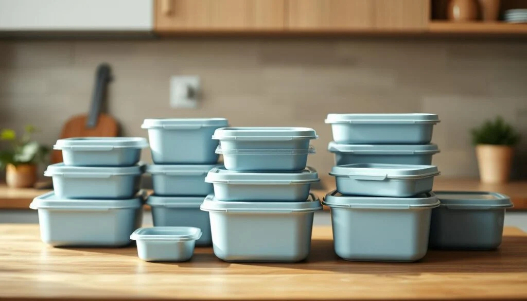 A sleek arrangement of BPA-free plastic containers in various sizes and shapes, neatly organized on a wooden countertop. The containers have a subtle light blue hue, complementing the warm, minimal kitchen decor. Soft, diffused lighting from an unseen source casts gentle shadows, highlighting the clean lines and smooth surfaces of the containers. The scene exudes a sense of order and functionality, perfectly suited for the task of office meal prep.