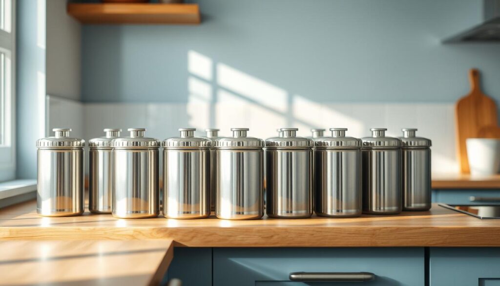 A sleek array of stainless steel sauce containers sit neatly on a wooden kitchen counter, their mirror-like surfaces catching the soft natural light filtering in through nearby windows. The containers are cylindrical in shape, with minimal branding and simple lids, exuding a sophisticated, utilitarian vibe. The countertop is complemented by light blue accent walls, creating a cozy, streamlined atmosphere ideal for meal prepping. The containers are arranged in a visually pleasing, symmetrical pattern, highlighting their functional yet elegant design.