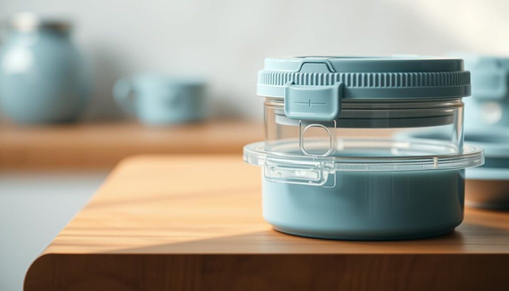 A sleek, high-tech dressing container seal, showcasing innovative closure technology that ensures a secure, airtight fit. The lid features a tactile, easy-grip design and a transparent window, allowing users to easily monitor fill levels. Bathed in soft, natural lighting, the container sits atop a wooden surface, complemented by light blue accents that evoke a sense of calm and organization. The overall composition conveys a refined, modern aesthetic suitable for a well-appointed kitchen space.