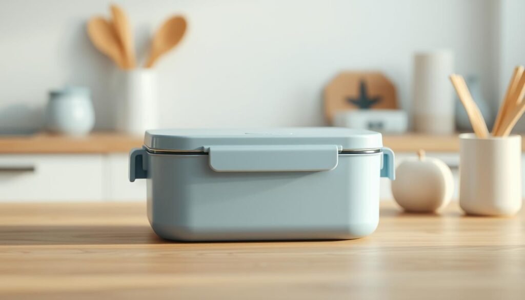 A sleek, insulated lunch container in a soft, muted blue hue sits atop a wooden table, surrounded by minimal, light-toned kitchen accents. The container's smooth, matte surface reflects the warm, natural lighting, highlighting its durable, insulated construction. The clean, simple design exudes a sense of practicality and efficiency, perfectly suited for keeping meals at the ideal temperature during warm weather. A subtle, yet inviting atmosphere pervades the scene, conveying the importance of food safety and the convenience of a no-heat lunchbox solution.