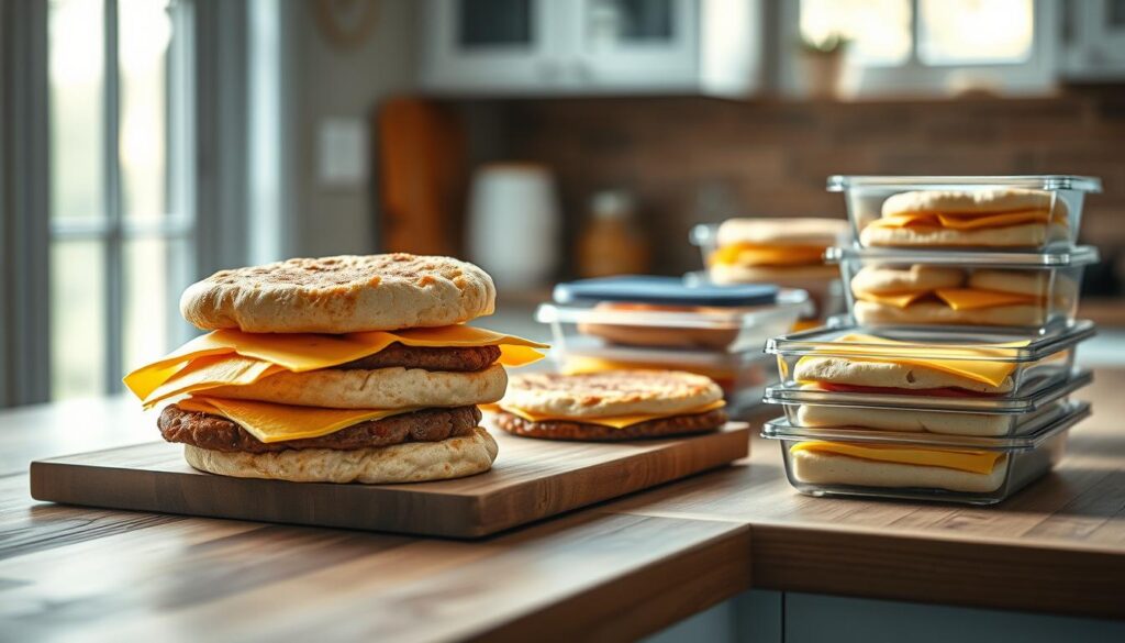 A sleek kitchen counter with a rustic wood surface, softly lit by natural light filtering through a window. In the foreground, a stack of freshly prepared breakfast sandwiches arranged neatly - golden-toasted English muffins, fluffy scrambled eggs, savory sausage patties, and melted cheddar cheese. Beside them, a series of glass containers, some filled with frozen sandwiches, others with reheated, steaming hot versions, ready to be enjoyed. The scene captures the process of preparing, freezing, and reviving these time-saving morning treats, conveying a sense of efficiency and culinary delight in a cozy, minimal kitchen environment with wooden textures and light blue accents.