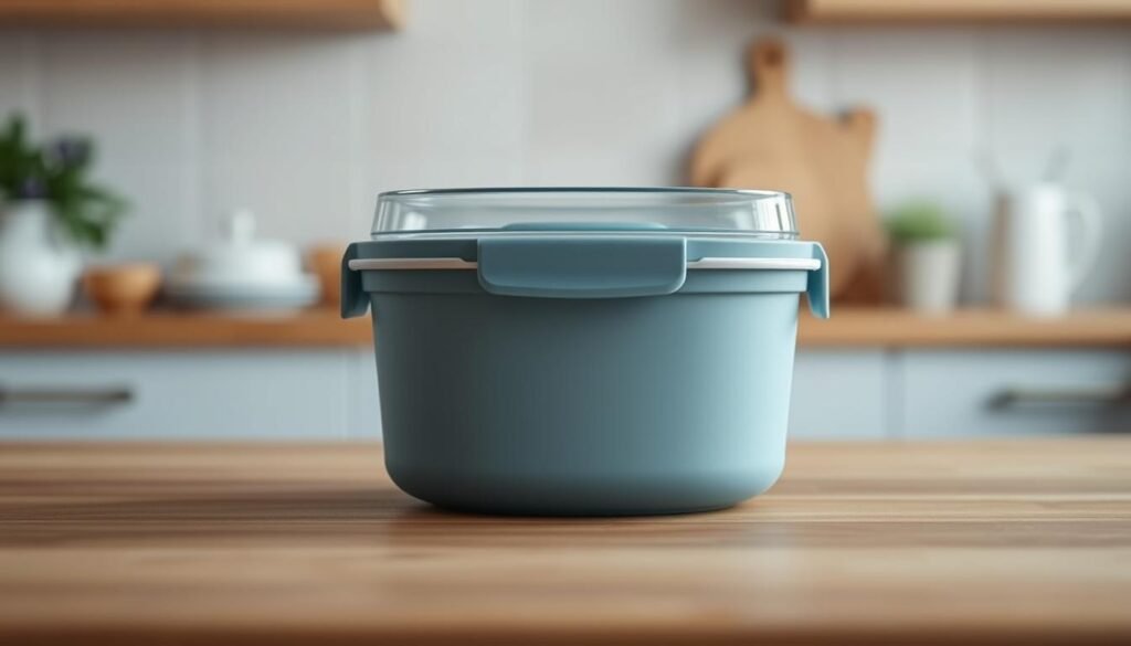 A sleek, leak-proof meal prep container with a transparent lid sits centered on a wooden kitchen counter. The container's sturdy, minimalist design features a matte, light blue exterior that seamlessly blends with the soft, natural tones of the surrounding environment. Subtle metallic accents along the edges and lid lend a touch of modern elegance. Carefully engineered gaskets and seals ensure a secure, airtight closure, preventing any unwanted spills or leaks. Soft, diffused lighting from unseen sources casts a warm, inviting glow, highlighting the container's clean, functional form.
