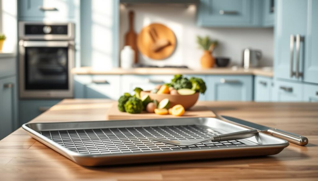 A sleek, modern kitchen with light blue accents and wooden textures. In the foreground, an array of essential sheet pan meal tools - a sturdy metal baking sheet, a silicone-coated wire rack, a set of high-quality stainless steel utensils, and a clean, sharp chef's knife. In the middle ground, a few fresh, vibrant vegetables - broccoli florets, sliced zucchini, and baby potatoes. Soft, natural lighting illuminates the scene, creating a warm, inviting atmosphere perfect for meal prep.