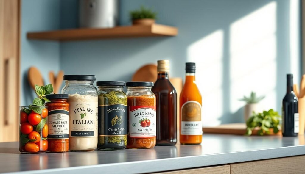 A sleek, modern kitchen with light blue walls and wooden textures. On the countertop, an assortment of Italian sauces and marinades is elegantly displayed - vibrant tomato basil, creamy alfredo, zesty pesto, and rich balsamic reduction. The jars and bottles are bathed in soft, natural lighting, their contents glistening. The scene exudes a cozy, inviting ambiance, perfect for preparing a delicious office meal with authentic Italian flavors.