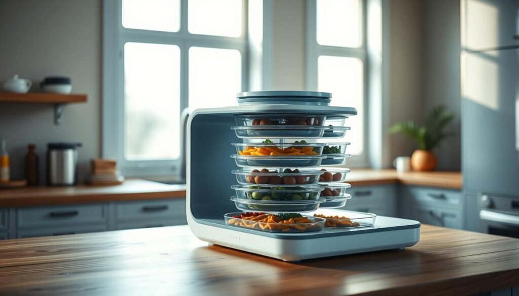 A sleek, modular meal prep system sits atop a wooden countertop in a cozy, minimalist kitchen. It features multiple compartmentalized trays arranged in a rotating carousel, allowing for efficient storage and organization of home-cooked meals. Soft blue tones accentuate the design, creating a calming ambiance. The system is illuminated by natural light streaming in through large windows, casting a warm glow and highlighting the textured wood surfaces. The overall impression conveys an innovative, practical solution for maximizing freshness and convenience in dinner meal preparation.
