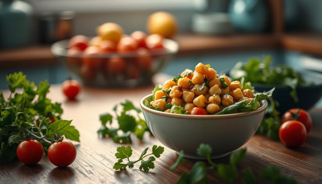 A small bowl filled with a colorful chickpea salad sits on a wooden table, surrounded by fresh greens, cherry tomatoes, and a drizzle of lemon vinaigrette. The soft, ambient light casts a warm glow, highlighting the vibrant textures and hues of the ingredients. The scene evokes a sense of simplicity and nourishment, perfectly captured in a minimal kitchen setting with light blue accents.