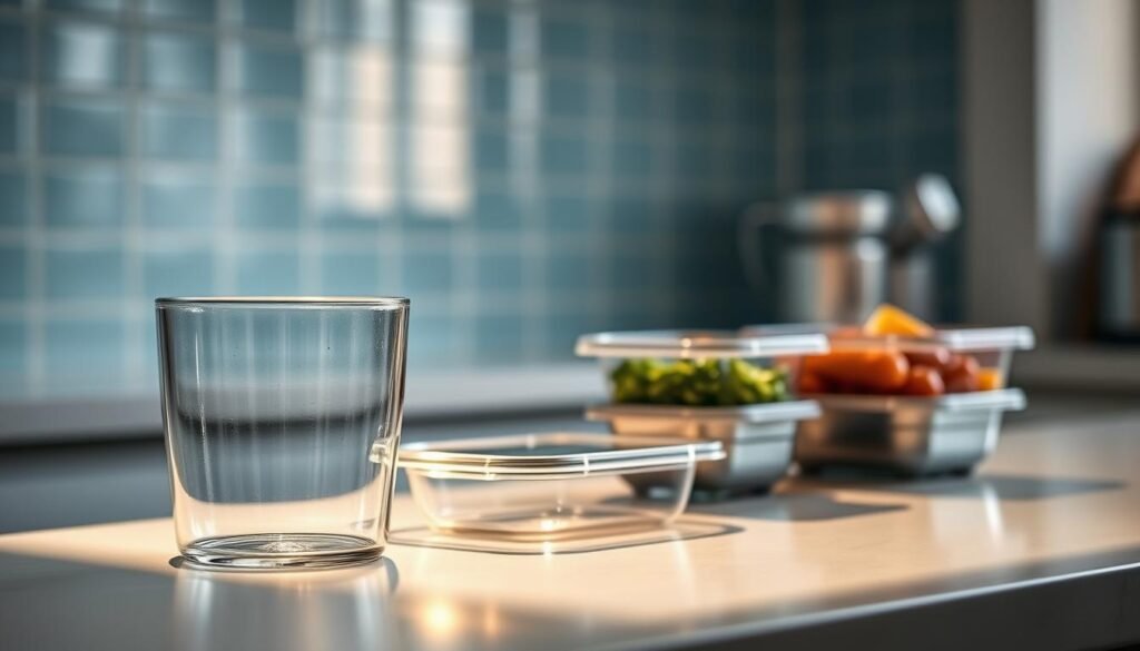 A softly lit, minimalist kitchen countertop displays a thoughtful arrangement of various meal prep containers. In the foreground, a sleek, transparent glass container reflects the warm, indirect lighting, highlighting its high-quality craftsmanship. Next to it, a durable, BPA-free plastic container with a snap-on lid showcases a more budget-friendly option. In the middle ground, a set of stainless steel containers with compartments for different meal components conveys a sense of long-term value and versatility. The background features a subtle blue-toned backsplash, adding a calming, professional atmosphere to the scene. The overall composition emphasizes the balance between cost and quality when selecting the right meal prep containers for a busy office lifestyle.