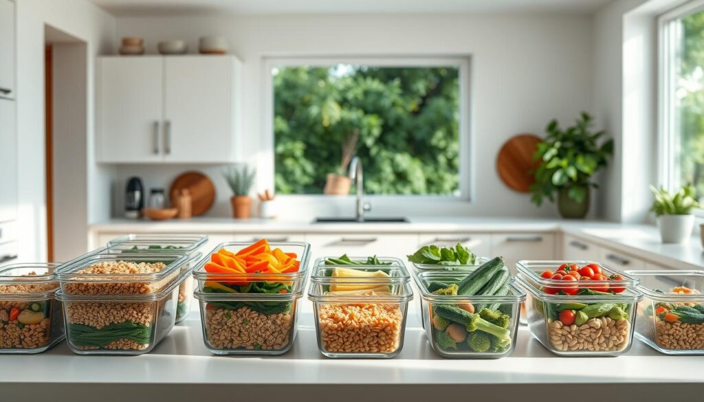 A spacious, airy kitchen with soft white walls and warm wooden accents. On a pristine countertop, an array of glass meal prep containers, each filled with a nourishing, colorful selection of grains, vegetables, and lean proteins. The lighting is gentle and natural, casting a serene glow over the meticulously organized meal components. In the background, a large window overlooks a lush, verdant garden, hinting at the sustainable, eco-friendly ethos of this meal prep setup. The overall mood is one of mindfulness, efficiency, and a deep commitment to nourishing both the body and the planet.