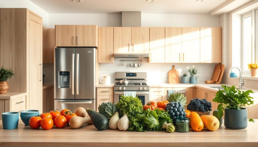 A spacious, minimalist kitchen with a clean, efficient layout. Light wood cabinetry and countertops create a cozy, inviting atmosphere. A modern, stainless steel appliance suite sits in the background, gleaming under soft, overhead lighting. In the foreground, various fresh, seasonal ingredients are neatly arranged on the countertop, ready for meal preparation. The kitchen is bathed in a warm, natural light, accentuating the clean lines and blue accents that tie the space together. A sense of order and productivity permeates the scene, perfectly capturing the 