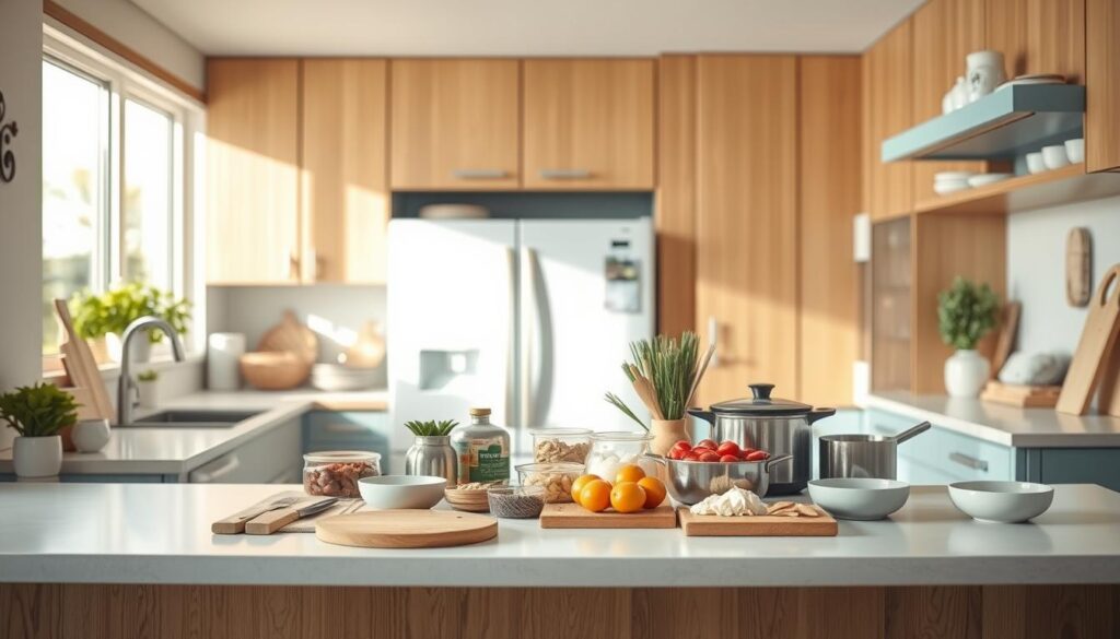 A spacious, minimalist kitchen with warm wooden cabinetry and light blue accents. On the counter, an array of neatly organized ingredients and cooking utensils, ready for a batch cooking session. The scene is bathed in soft, even lighting, creating a calming, organized atmosphere. In the background, a glimpse of a clean, organized refrigerator and simple decor that emphasizes food safety and preparation. The overall mood is one of efficiency, attention to detail, and a commitment to healthy, home-cooked meals.