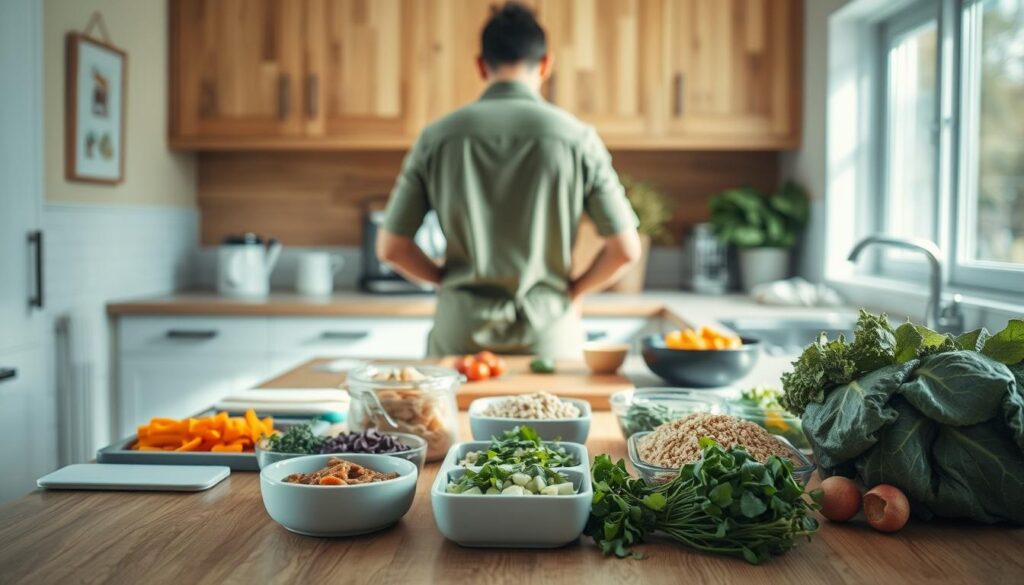 A spacious, sun-drenched kitchen with warm, wooden textures and light blue accents. On the countertop, a variety of fresh ingredients - chopped vegetables, herbs, and grains - are carefully arranged, ready to be combined in an organized, modular fashion. The chef, their face unseen, meticulously prepares each component, guided by the principles of a "meal prep for work" system, utilizing efficient techniques that differentiate this approach from traditional meal preparation. The scene conveys a sense of calm control and intentionality, hinting at the versatility and streamlined nature of this culinary method.
