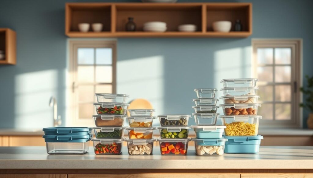 A spacious, well-organized kitchen counter showcases various meal prep containers in a range of shapes and sizes, meticulously arranged to optimize storage. Translucent glass and BPA-free plastic containers with airtight lids sit alongside reusable silicone bags and bento-style compartmentalized boxes, all neatly stacked and color-coordinated. The soft, natural lighting from large windows bathes the scene in a warm, inviting glow, complementing the soothing blue accent wall and natural wood tones that create a calming, minimalist ambiance. The overall composition highlights the importance of efficient meal prep strategies for delicious, hassle-free dinners.