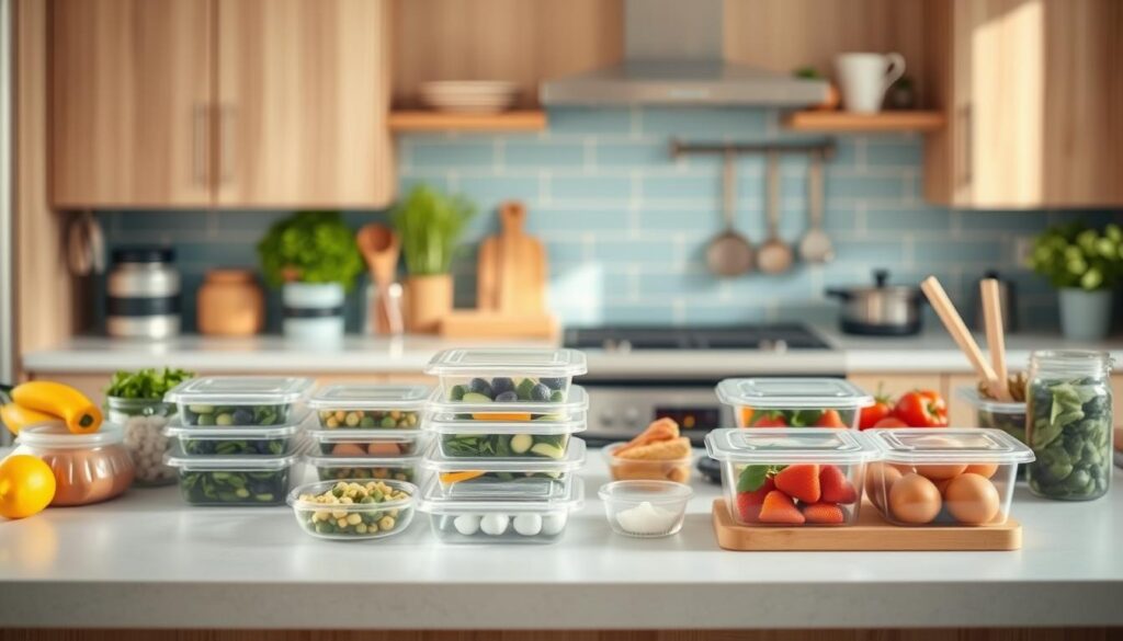 A spacious, well-organized kitchen counter with various meal prep containers, fresh ingredients, and cooking utensils arranged in a visually appealing manner. The lighting is soft and warm, creating a cozy atmosphere. In the background, a minimalist backsplash with light blue accents complements the wooden textures of the kitchen. The overall scene conveys a sense of efficiency, planning, and a healthy approach to meal preparation for the week ahead.
