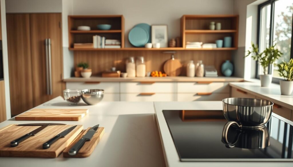 A spacious, well-organized kitchen with a streamlined meal prep workflow. In the foreground, neatly arranged cutting boards, knives, and a set of stainless steel mixing bowls. In the middle ground, a large countertop with a sleek, modern induction cooktop and a row of glass jars filled with dry ingredients. The background features wooden shelves stocked with cookbooks and minimal, light blue accent decor. The scene is bathed in soft, natural lighting from large windows, creating a calming, efficient atmosphere.