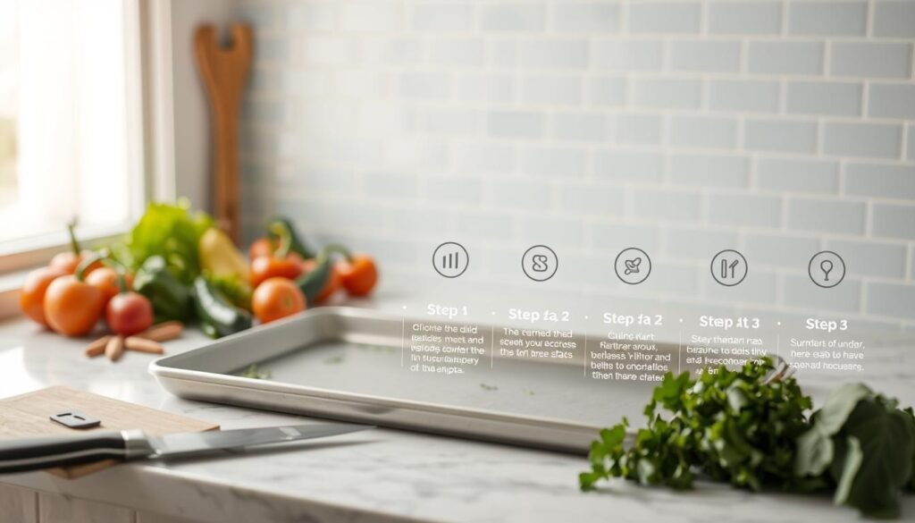 A spotless sheet pan rests on a white marble countertop, surrounded by a selection of fresh produce, herbs, and spices. Soft, natural light filters through a nearby window, casting a warm glow over the scene. In the foreground, a knife and chopping board stand ready, hinting at the meal preparation to come. The middle ground showcases a timeline of steps, each with a clear icon and concise description, guiding the viewer through the efficient process of sheet pan meal assembly. The background features a minimalist, light blue tiled wall, adding a touch of serene simplicity to the overall composition.