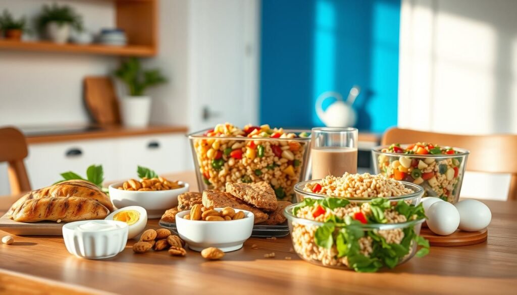 A spread of high-protein cold meal options arranged on a wooden table in a cozy, minimalist kitchen. The foreground features a selection of grilled chicken, hard-boiled eggs, Greek yogurt, mixed nuts, and quinoa salad, all impeccably presented. The middle ground showcases a sleek glass container filled with a colorful, protein-packed bean and vegetable medley. In the background, a bright blue accent wall provides a soft, calming contrast. The lighting is warm and natural, casting a golden glow and gentle shadows across the scene. Captured with a wide-angle lens to accentuate the inviting atmosphere.