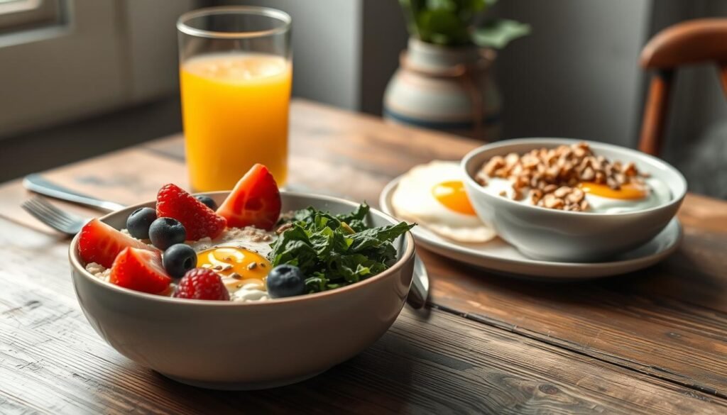 A spread of nutrient-dense morning foods arranged artfully on a rustic wooden table, illuminated by soft, natural light filtering through a nearby window. In the foreground, a bowl of creamy oatmeal garnished with sliced fresh berries, chia seeds, and a drizzle of honey. Alongside, a plate featuring two fried eggs nestled on a bed of sautéed kale and sliced avocado. In the background, a glass of freshly squeezed orange juice and a bowl of Greek yogurt topped with crunchy granola and toasted nuts. The composition exudes a sense of balance, wholeness, and the promise of a nourishing start to the day.