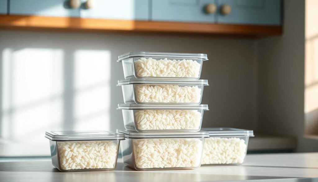 A stack of rectangular meal prep containers made of clear plastic, filled with white rice, neatly arranged against a light blue kitchen cabinet backdrop with wooden accents. The containers are illuminated by soft, diffused natural light filtering through a nearby window, casting gentle shadows and highlights on the surfaces. The overall composition is simple, organized, and visually appealing, reflecting the 