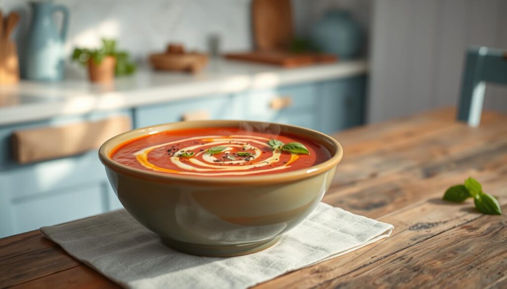 A steaming bowl of homemade roasted red pepper soup sits on a rustic wooden table, surrounded by a cozy, minimal kitchen. The soup's deep red hue glistens under soft, natural lighting, its surface lightly swirled with a drizzle of creamy olive oil. Slivers of fresh basil leaves and a sprinkle of cracked black pepper add vibrant contrast and depth of flavor. The kitchen's light blue accents and clean lines create a serene, Mediterranean-inspired atmosphere, inviting the viewer to savor the nourishing, heart-healthy meal.