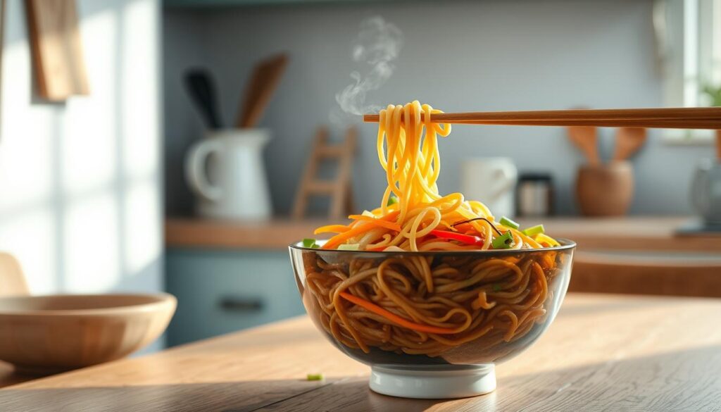A steaming bowl of soy sesame noodles sits on a wooden table, bathed in soft, natural light. The noodles are twirled around chopsticks, glistening with a glossy, sesame-infused sauce. Crisp vegetables, such as julienned carrots and thinly sliced scallions, add a vibrant pop of color and texture. The minimal, light blue-accented kitchen setting creates a cozy, inviting atmosphere, drawing the viewer in to explore this delightful Asian-inspired cold lunch dish.