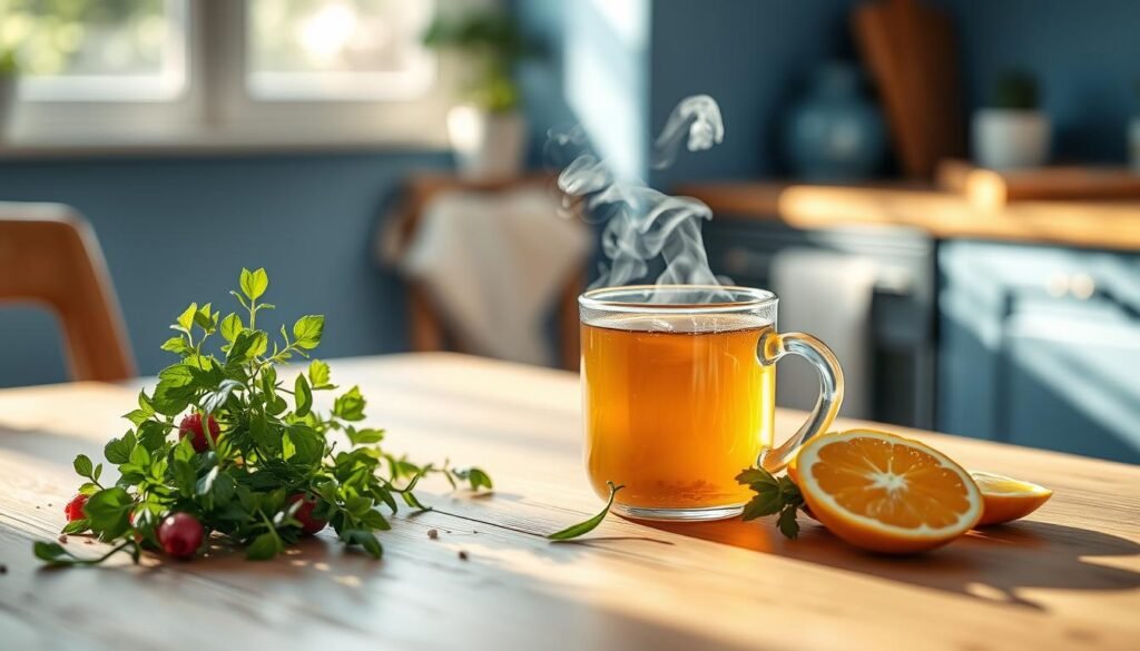 A steaming mug of herbal tea emanating a fragrant aroma, resting on a wooden table in a cozy kitchen bathed in soft, natural light. Vibrant, fresh herbs and zesty citrus slices artfully arranged alongside, hinting at the flavorful possibilities without the burden of extra calories. The minimalist blue-toned decor provides a serene backdrop, allowing the focus to remain solely on the healthful, calorie-conscious flavor enhancement.